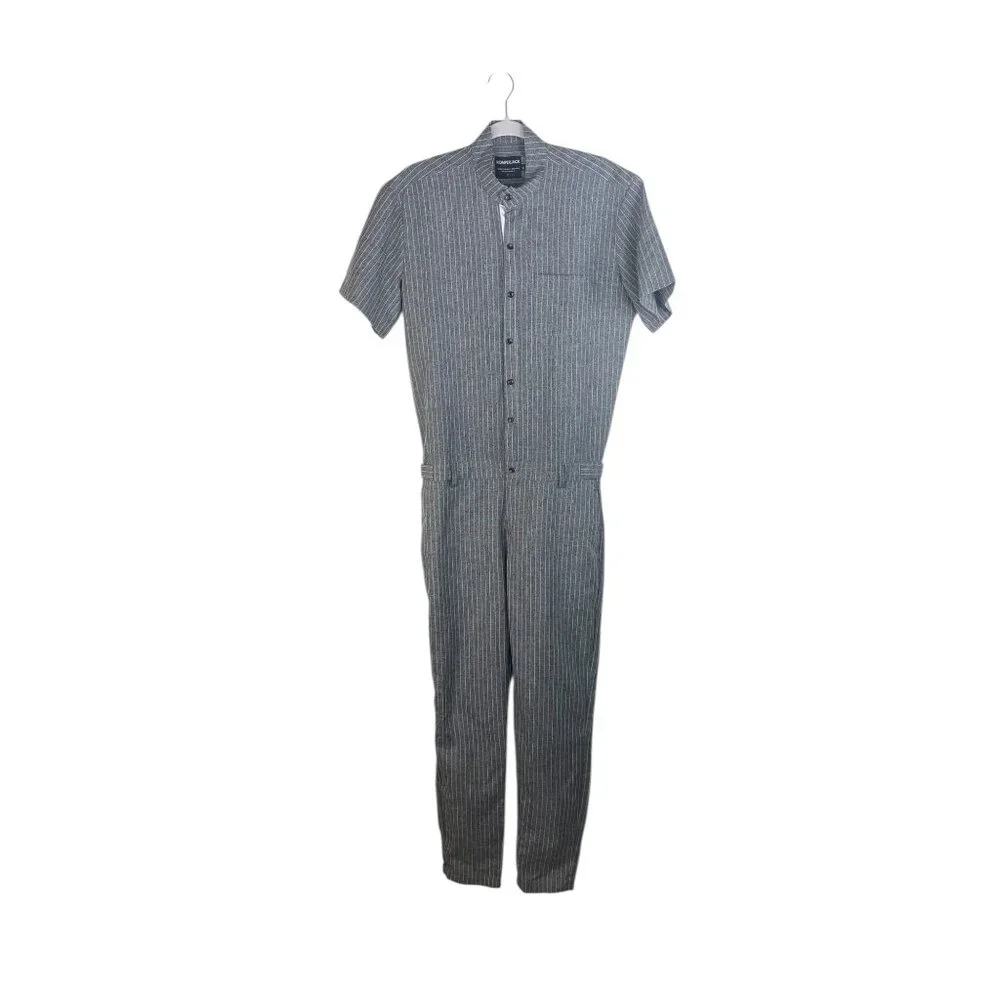 Romperjack Mens Striped Short Sleeve Romper Gray Button Front With Pockets M
